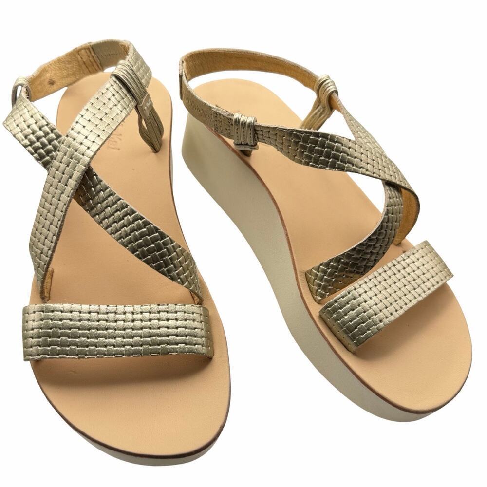 Olukai Onohi Strappy Leather Platform Sandals Light Beige Metallic Gold Size 5